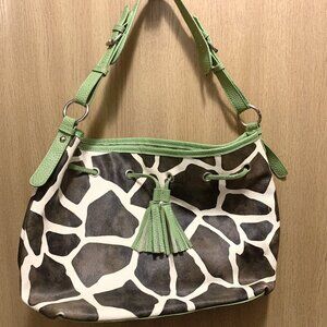 Giraffe Print Handbag with Green Accents & Decorative Tassels